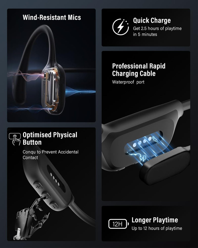 Bone Conduction Headphones, Swimming Headphones, Open Ear Headphones, Black | IPX8 Waterproof MP3 Mode 8GB Memory Up to 12 Hours Playtime, Bluetooth 6.0 Earbuds Secure Fit for Running and Fitness