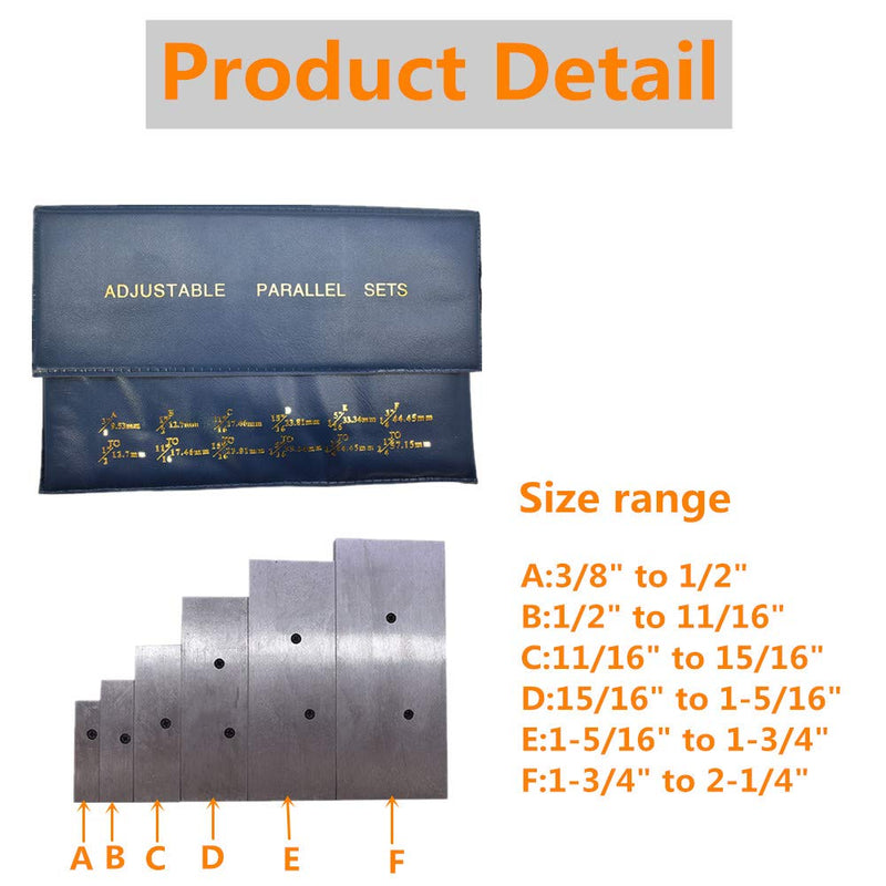 findmall 6 Pcs Adjustable Parallel Set 3/8" - 2-1/4" Hardened Steel Accuracy Parallels Set for Layout Inspection Stop Work Set-Up Etc