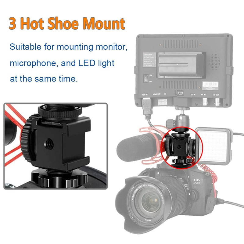 Camera Cold Shoe Mount Adapter, Aluminium Alloy Triple Hot Shoe Extension Bracket Holder for GoPro DSLR Cameras Flash Light, Monitor, Microphone