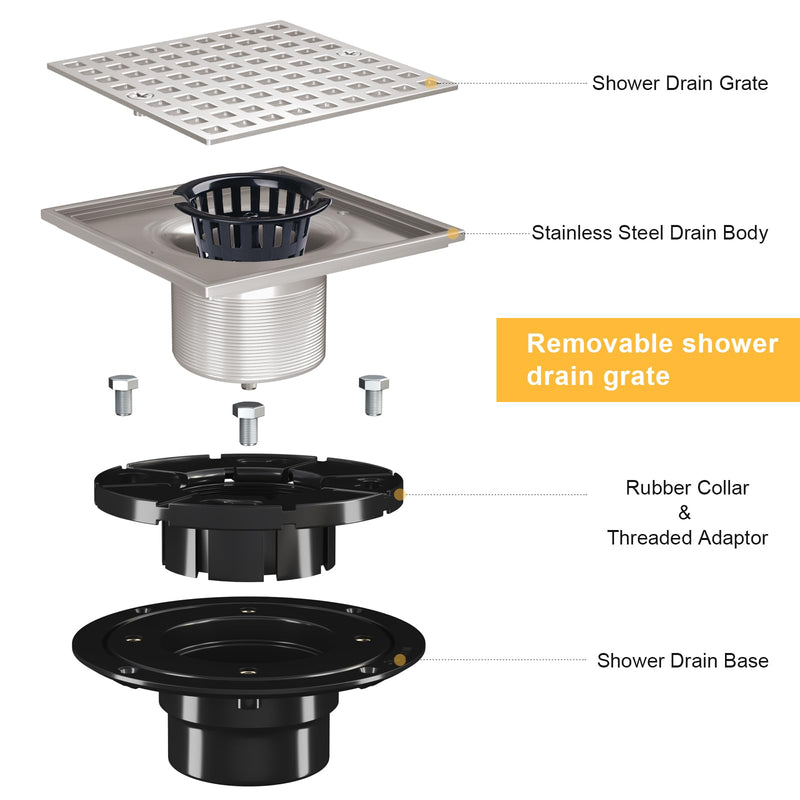 4 Inch Square Shower Drian with ABS Flange-SUS 304 Stainless Steel & CUPC Certified Shower Floor Drain-Removable Grid Cover-with Hair Strainer-Brushed Nickel Brushed Nickel