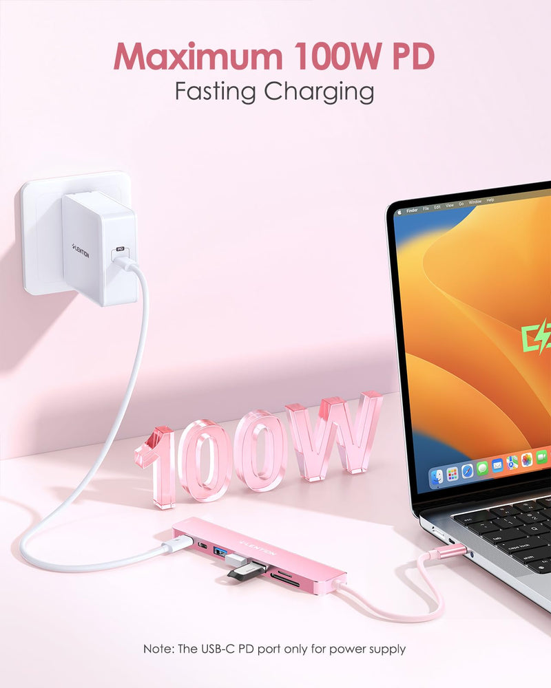 LENTION 8-in-1 USB-C Hub with 4K 60Hz HDMI, 100W Power Delivery, 5Gbps USB C Data, 3 USB 3.0 and microSD & SD Card Reader for 2023-2016 MacBook Pro, New Mac Air/Surface, More (CB-CE18s, Rose Gold)