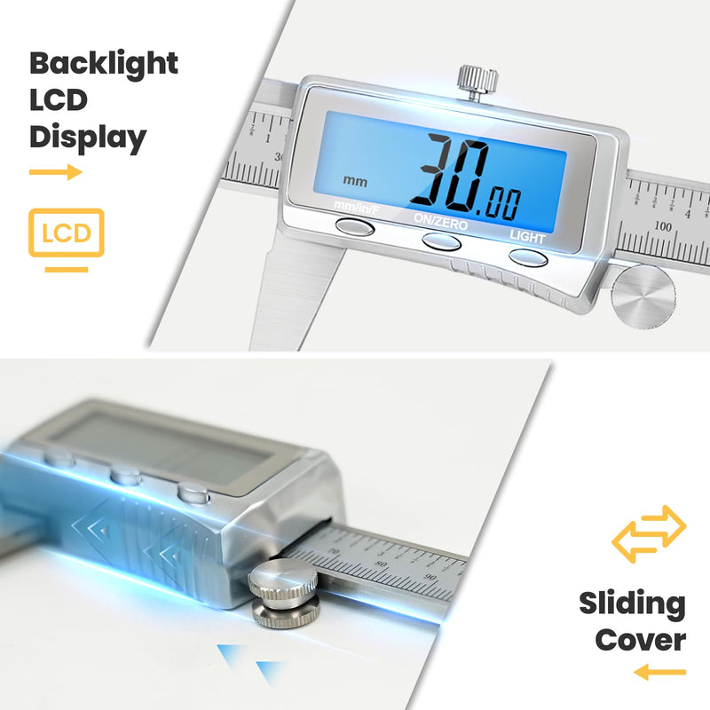 Digital Caliper, Rechargeable Caliper Measuring Tool with Backlight LCD Screen,Vernier Dial Caliper Stainless Steel with Auto-Off Feature,Inch Metric Fraction Conversion, for Jewelers/Woodworkers/DIY