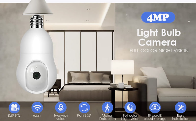 NU-SET Light Bulb Camera, Smart WiFi Home Security Camera with Pan-Tilt Panoramic View, 4MP, White Single Pack