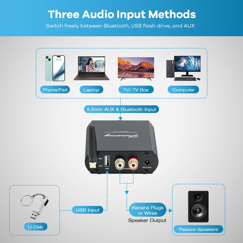 100W Bluetooth 5.3 Mono Amplifier, TPA3116 Audio Amp | with TWS Pairing USB/AUX Input, for Speakers/Home Theater/Gaming