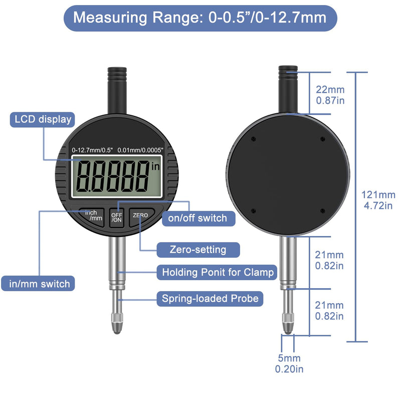 HDLNKAK Electronic Digital Dial Indicator Gauge 0-12.7mm/0.5” Inch/Metric Conversion, High Precision Probe with 0.01mm/0.0005” Resolution for Testing. 0.5”Dial Indicator