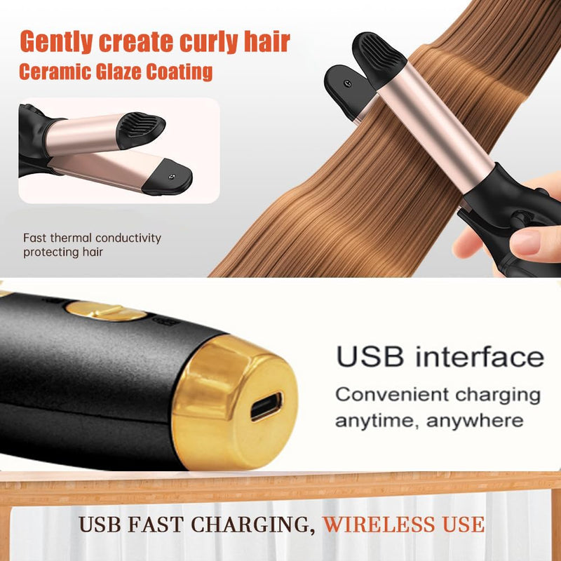 25mm Mini Hair Curler 2 in 1 Cordless Curling Iron and Hair Straightener | Hair Curler for Travel Hairstyling, Adjustable Temperature 150℃-180℃, USB Rechargeable ﻿