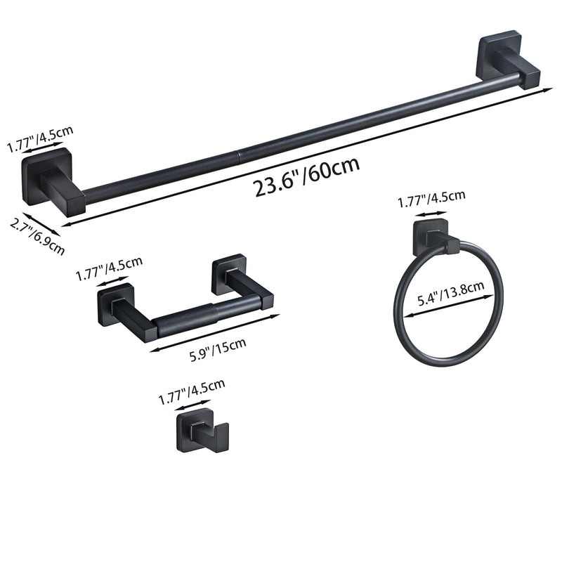 Matte Black Bathroom Hardware Set 4 Pieces,Bathroom Accessories Set Stainless Steel Wall Mounted, Hand Towel Bar, Towel Ring, Robe Towel Hooks,Toilet Paper Holder,Towel Bar Set, 23.6 Inch Matte Black 23.6Inch