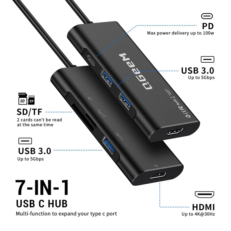 QGeeM USB-C 7-in-1 Dongle with 100W PD, 3x USB 3.0, SD/TF Card Reader, Compatible with MacBook, iPad, Dell XPS & More - Black