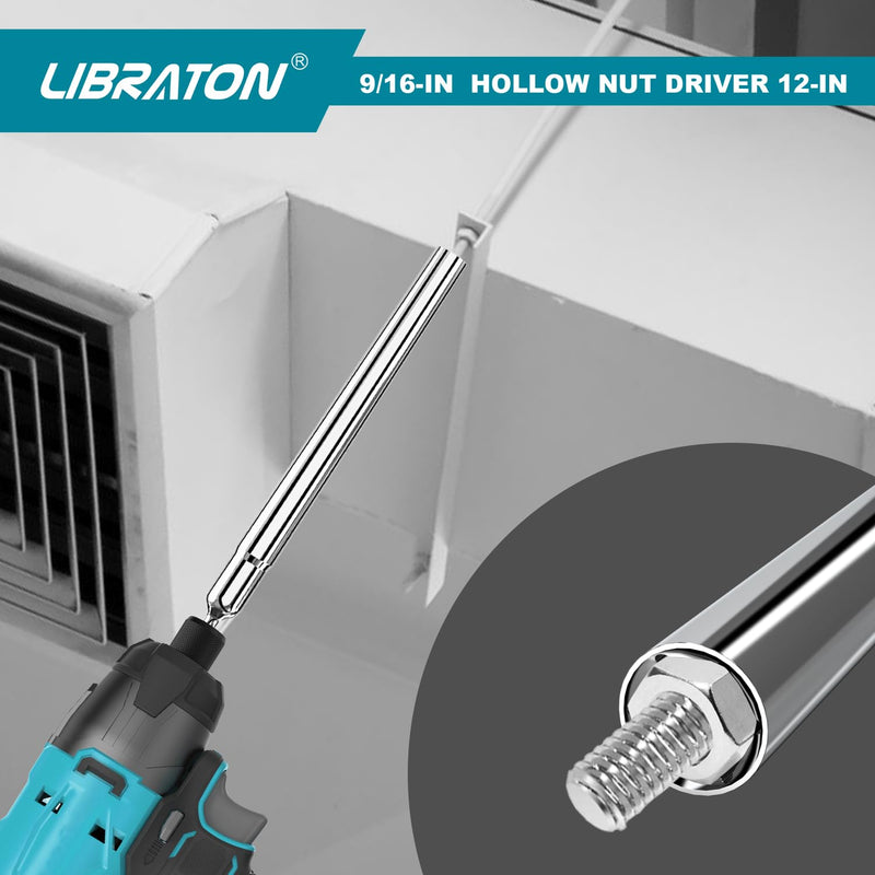Libraton Hollow Nut Driver, Power Nut Driver Set 9/16", 12 inch Long with 1/4" Hex Shank 12-inch long 9/16-inch