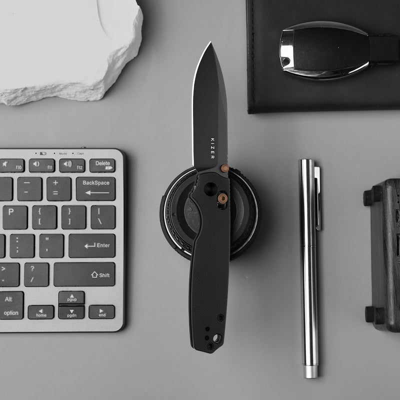 Kizer Pokiman CD Pocket Knife, 3.16" Drop Point D2 Blade Folding Knives with Black G10 Handle, Thumb Stud EDC Knife for Men Women V3789M1 Black-2