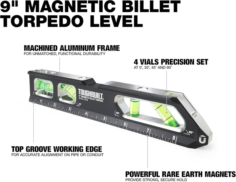 ToughBuilt – 9" Magnetic Billet Torpedo Level, Precision Machined Aluminum Level with Rare Earth Magnets, V-Groove Base, Laser-Etched Markings, Shockproof End Caps Professional Accuracy (TB-H2-L-9T-M)