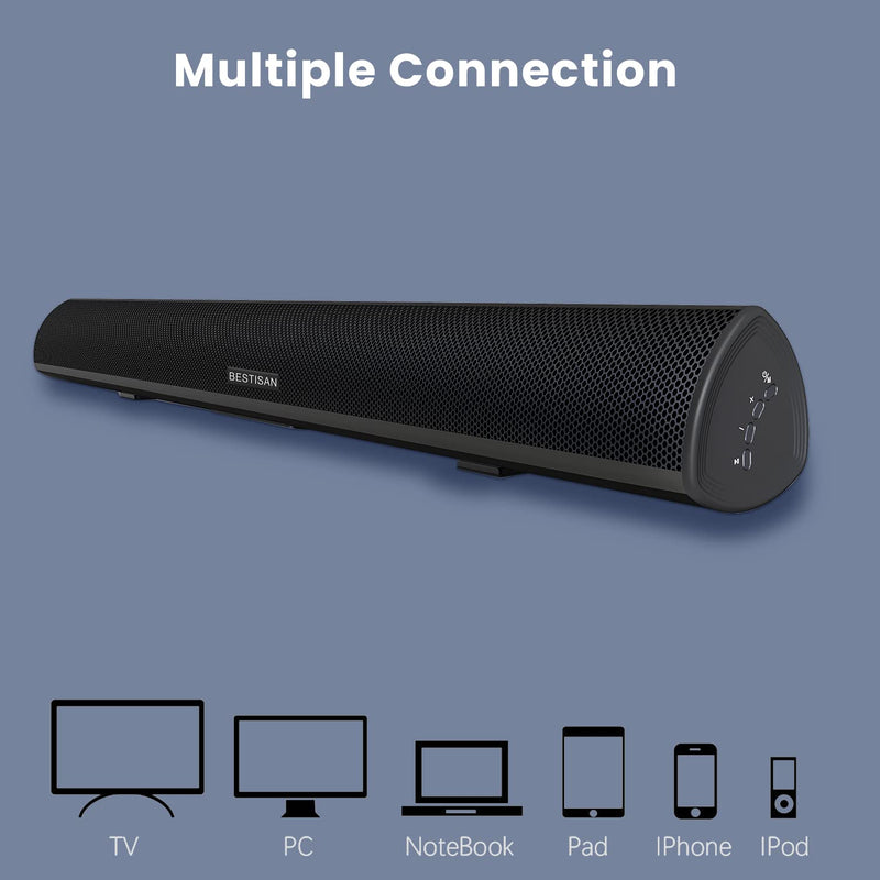 Sound bar, BESTISAN Soundbar Wired and Wireless Bluetooth 5.0 HDMI-ARC Speaker for TV (28 Inches, HDMI-ARC Connection, Optical Cable Included, DSP, Bass Adjustable, Wall Mountable) 28Inch