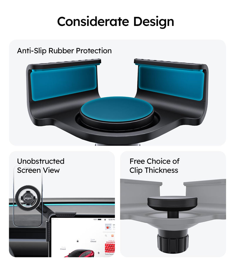 for Tesla Model 3/Y/YL Accessories Magnet Phone Mount, Clamp(No Glue) | Strongest Magnet, No View Blocking, No Glue, Screen Side Holder, Provide Magnetic Ring for MagSafe iPhone 17-12 & Android