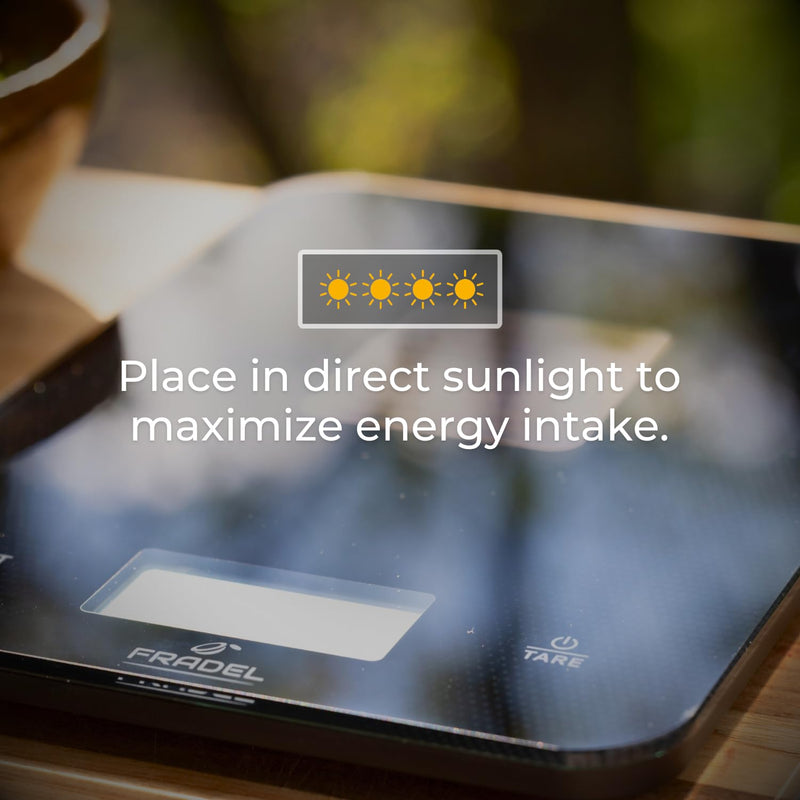 Fradel Solar Food Scale - No Batteries Required, 33lb, 1g Accuracy, Measures in Grams & Ounces