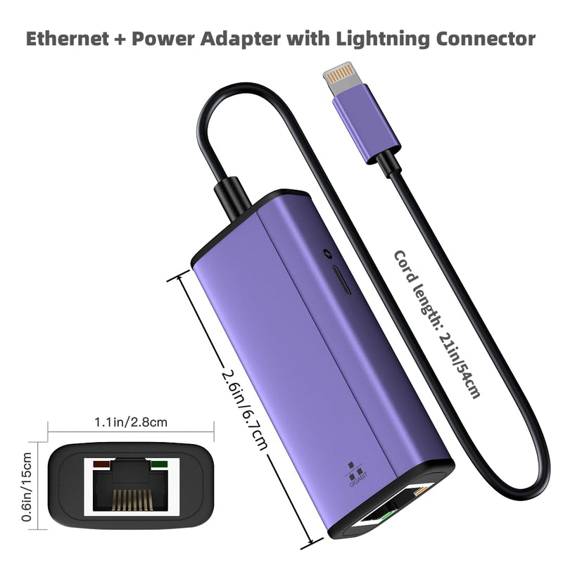 sunshot Lightning to ethernet Adapter, 2 in 1 Lightning to RJ45 LAN Network and Charging Port, Compatible with iPhone/iPad/iPod,Supports 10/100/1000Mbps Supper High Speed Ethernet Network(1.65Ft)