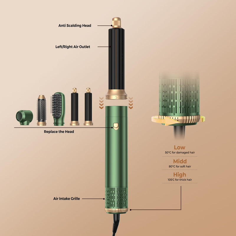 UKLISS Air Styler 5 in 1 Hair Styler Set 1000W Hot Air Styler High Speed Lonic Multi Styler Hair Dryer Brush, Auto Air Curler, Volumizer, Round Brush for Women Green