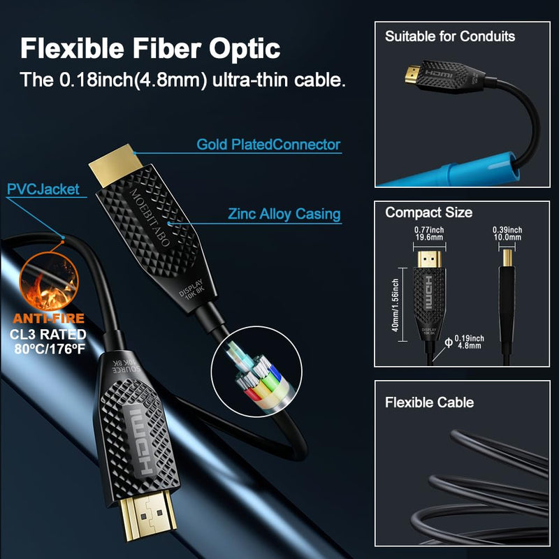 8K Long Fiber Optic Hdmi cable in-Wall CL3 Rated 48Gbps 50ft Certified Ultra High speed HDMI 2.1 Cord 8K@60Hz 4K@120Hz 10K@30Hz HDCP 2.2&2.3, eARC HDR10 Dolby Compatible with PS5/TV/PC/Switch/Mac/Xbox