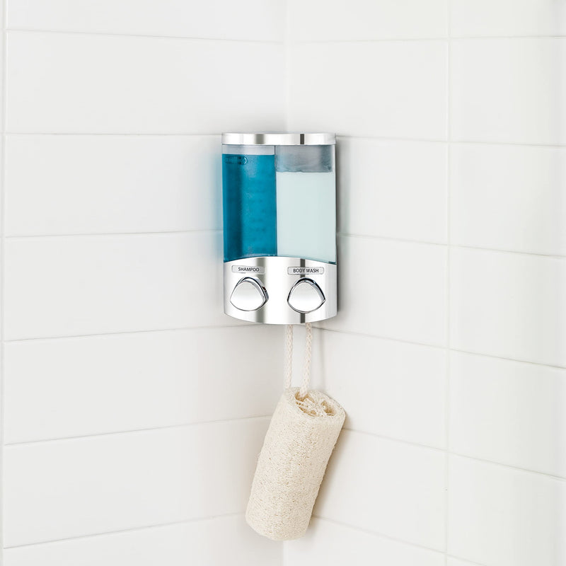 Better Living EURO Shower Dispenser Wall Mount Shower Soap Dispenser for Bathroom Hotel Body Wash, Corner or Flat Wall Shower Shampoo Dispenser, Built-in Hooks, 2 x 10.5 oz, Chrome, 2-Chamber