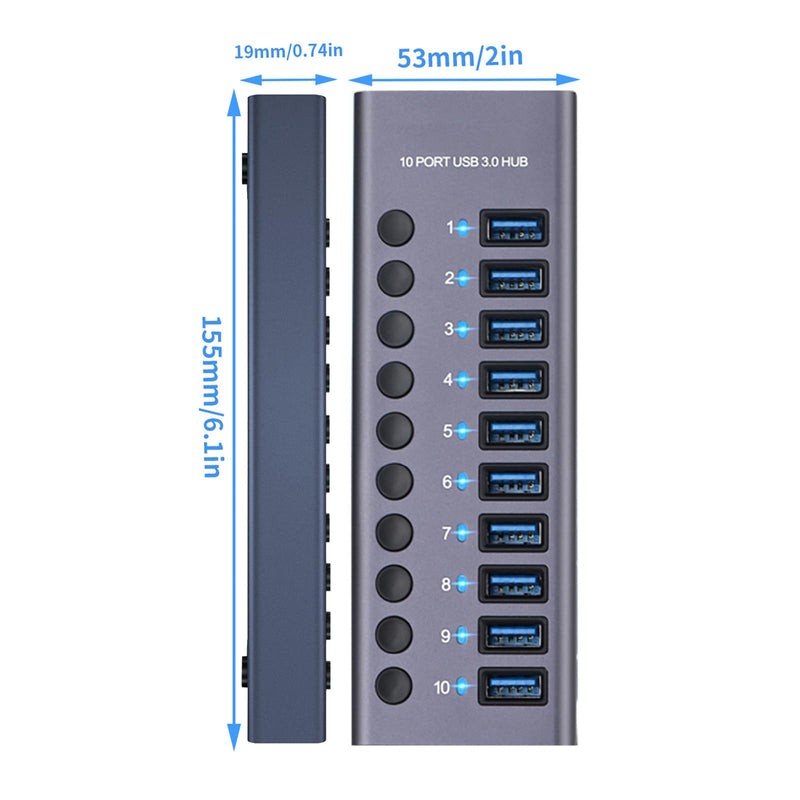 MaxLax 10 Port Aluminum USB 3.0 hub with 10 Port USB Data Transfer,Power Adapter USB Splitter Independent Switch Silver Gray-common 10 ports