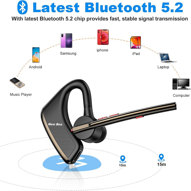 New Bee Bluetooth Earpiece V5.2 Wireless Headset 24Hrs Talktime Black | CVC8.0 Dual Mic, Noise Cancelling, iPhone/Android/Driver/Business/Office