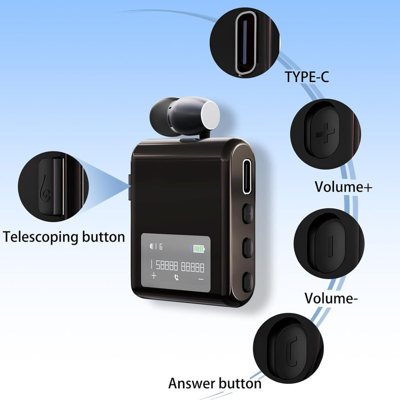Bluetooth Headset with Retractable Cable, Wireless Headphone Stereo Earphone V5.4 Noise Cancelling Mic Clip on Earpiece, with LCD Display, AI Voice Assistant, for Sports Business (Black) Black