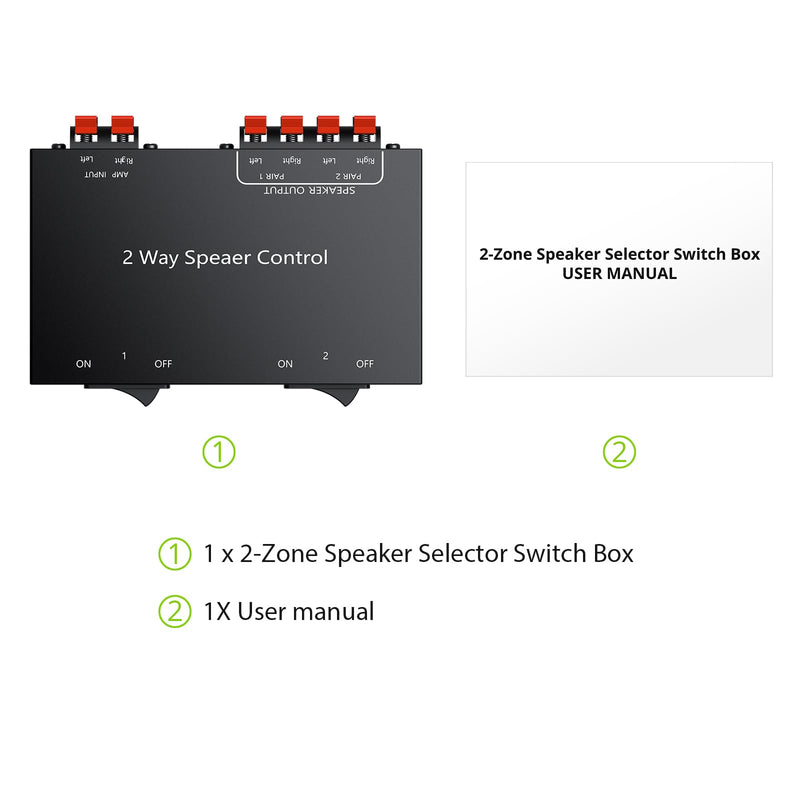 LiNKFOR 2-Zone Speaker Selector Switch Box - 1 Input 2 Output Audio Splitter for Stereo Amplifier Receiver - 150W/Channel, Independent 1/2 Buttons, Passive Multi-Room Home Audio Distribution