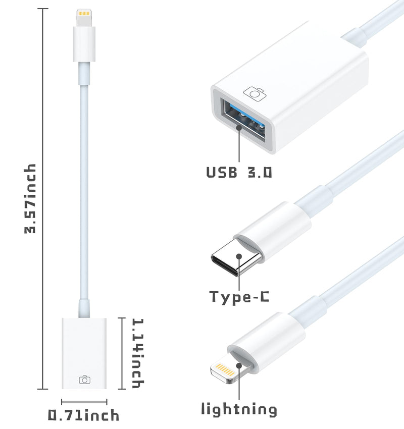 [2 PACK] Lightning to USB Camera Adapter for iPhone 14/iPad + USB C to Female USB OTG Cable Adapter for iPhone 15/Samsung, Compatible with USB Flash Drive, Keyboard, Mouse, MIDI, Hubs