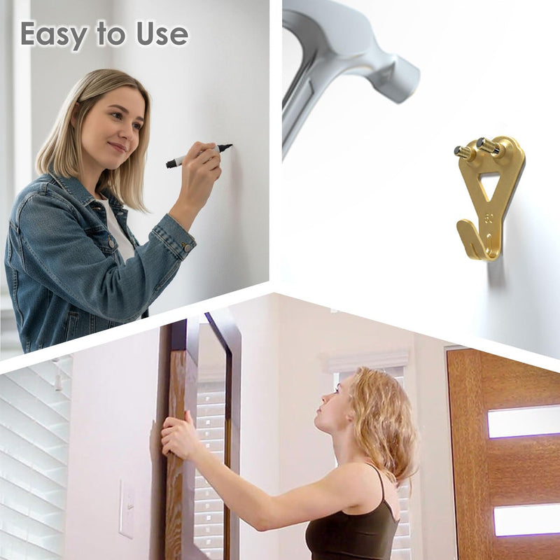 Picture Hangers Heavy Duty, Extra Thick, 50 lb, Decorative Hanging Hooks Hardware for Drywall and Plaster Walls with Large Nailers and Nails, Painting, 40pcs, Gold 50lb | 40
