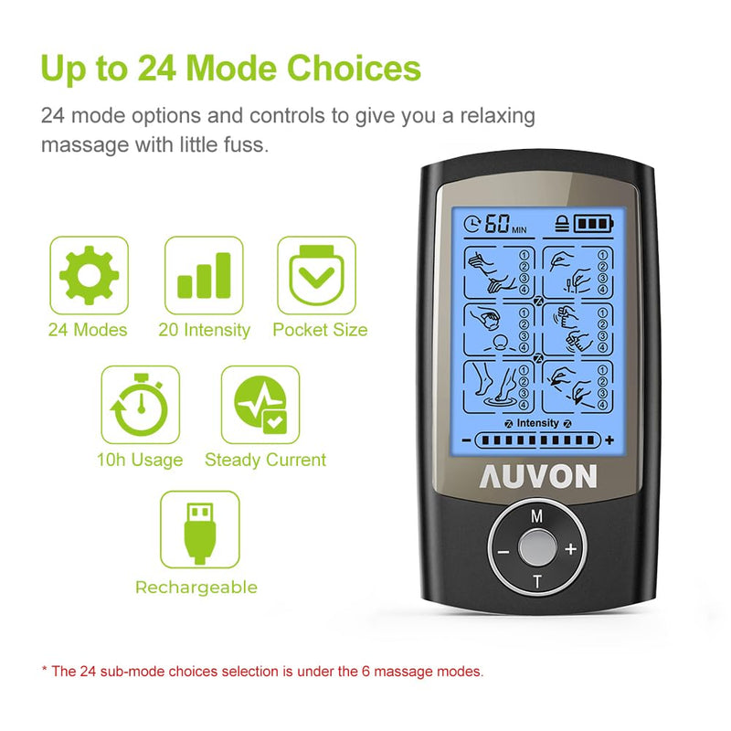 AUVON Rechargeable TENS Unit Muscle Stimulator, 24 Modes 4th Gen TENS Machine with 8pcs 2"x2" Premium Electrode Pads for Pain Relief Black