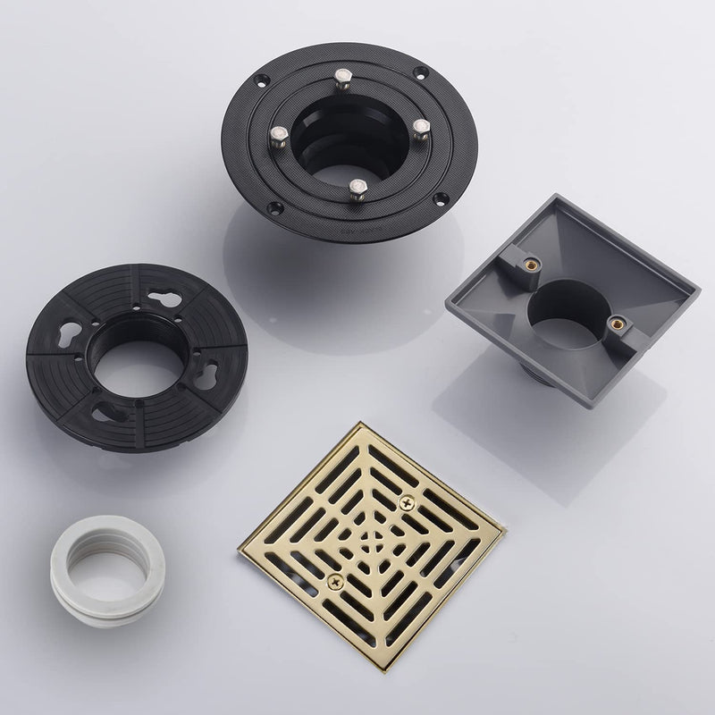 4-1/4 Inch Brushed Gold Shower Drain Square, Base with Adjustable Drain Flange Kit PVC, Removable Grille Strainer Drain Cover with Screws, SUS304 Stainless Steel Brass Face
