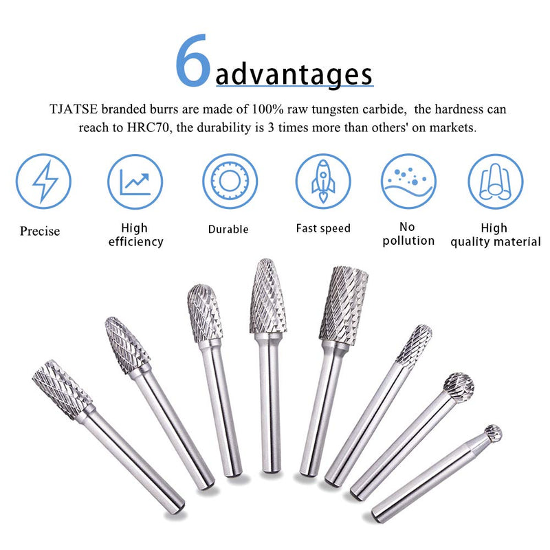 TJATSE Professional 8-Piece Double Cut Carbide Rotary Burr Set 1/4" Shank with Tool Carry Case, for Die Grinder Drill, Metal Wood Carving, Engraving, Polishing, Drilling