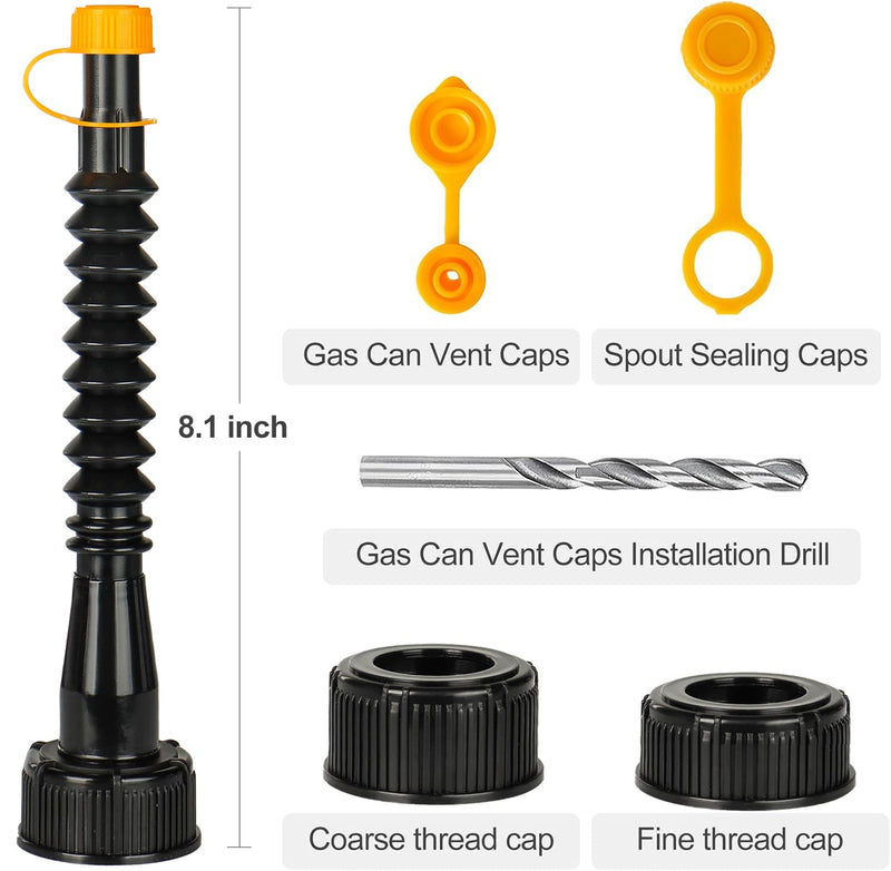 Gas Can Spout Replacement Kit, 3 Pack Flexible Nozzle Replacement Set with Vent Caps, Black