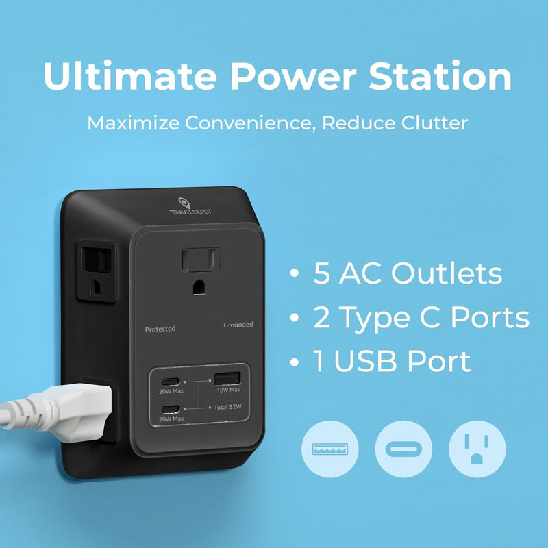 Travel Depot PD USB Wall Charger Surge Protector, 5 Outlet, (Black) | Extender 2 USB C & 1 USBA Charging Ports, Fast Charge 3 Sided Power Strip Multi Plug Outlets Wall Adapter for Home Office Black