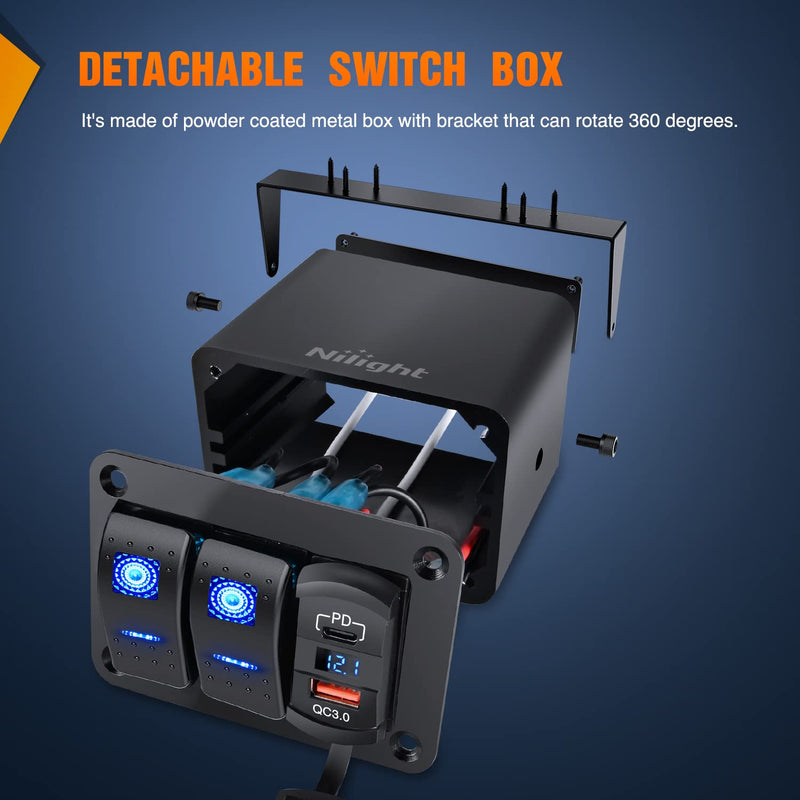  [AUSTRALIA] - Nilight 2 Gang Rocker Switch Box 12V SPST ON Off Switch PD Type C and QC 3.0 USB Charger Voltmeter Waterproof Aluminum Rocker Switch Panel DIY Stickers for Boats Cars RVs Trucks Blue+Box