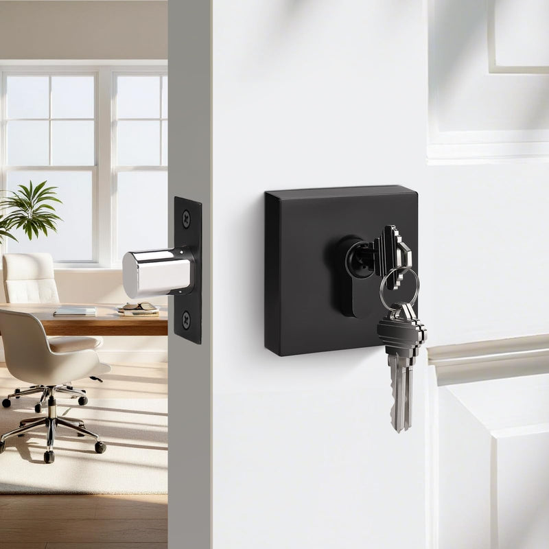 Probrico Keyed Alike Single Cylinder Deadbolts (2 Pack) Entrance and Front Door Locks Black Square Lockset with Same Keys, Anti-Theft Interior& Exterior Door Hardware 2
