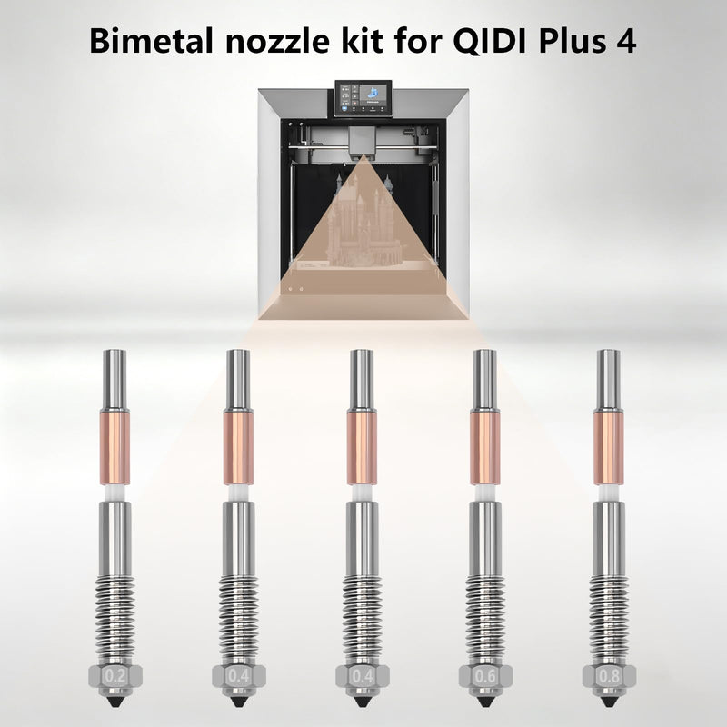 5PCS Bimetallic Quick-Swap Nozzle 0.2/0.4/0.6/0.8mm for QIDI Plus 4, Ceramic Throat Tube Copper Alloy Hardened Steel Integrated Nozzle High Temperature Resistant for QIDI Plus 4 3D Printer 5PCS Muilt Size Nozzle