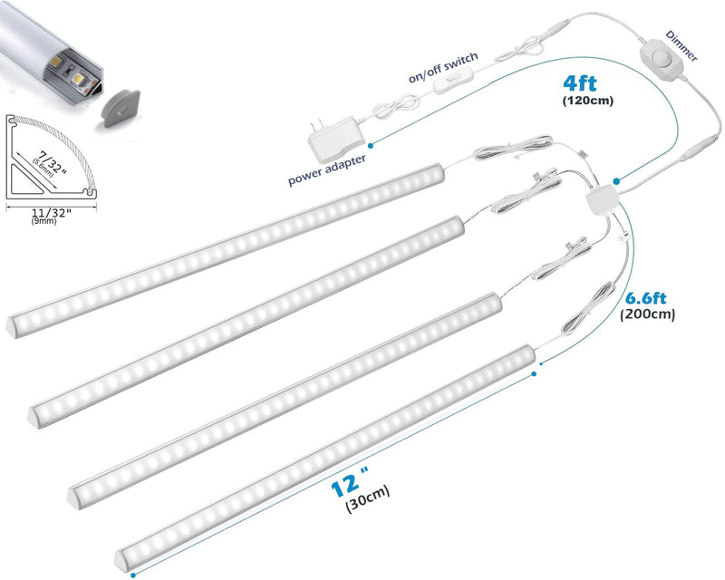Cefrank V-Shape Under Cabinet Lighting Kit - 4pcs Sleeker 12" Dimmable LED Light Bars for Showcase Shelf Seamless Illumination - 1200lm, 12W - Pure White (6000K)