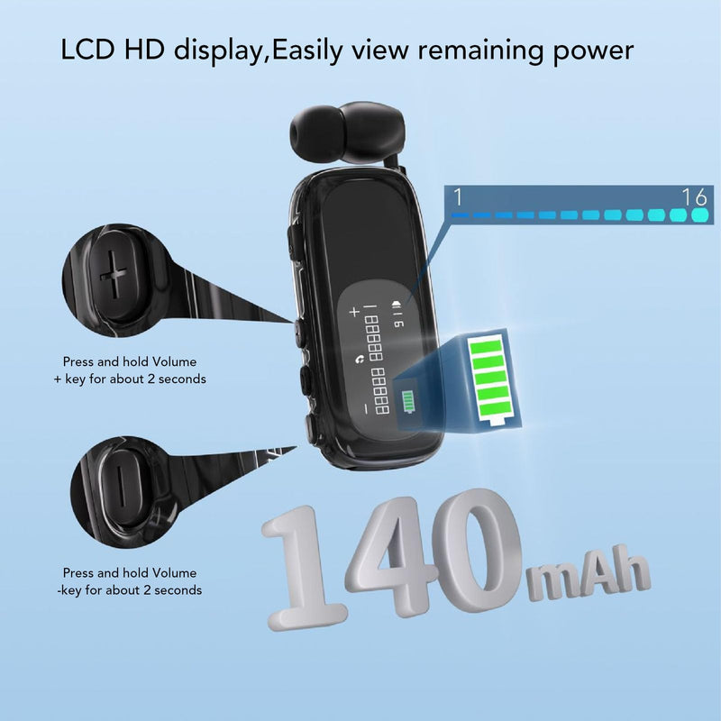 ciciglow Retractable Wireless Headset, Clip on Bluetooth Headphone with LCD Digital Power Display, Lightweight Sports Running Business Trucker Driver Music Earphone for Phone Electroplated Bright Black