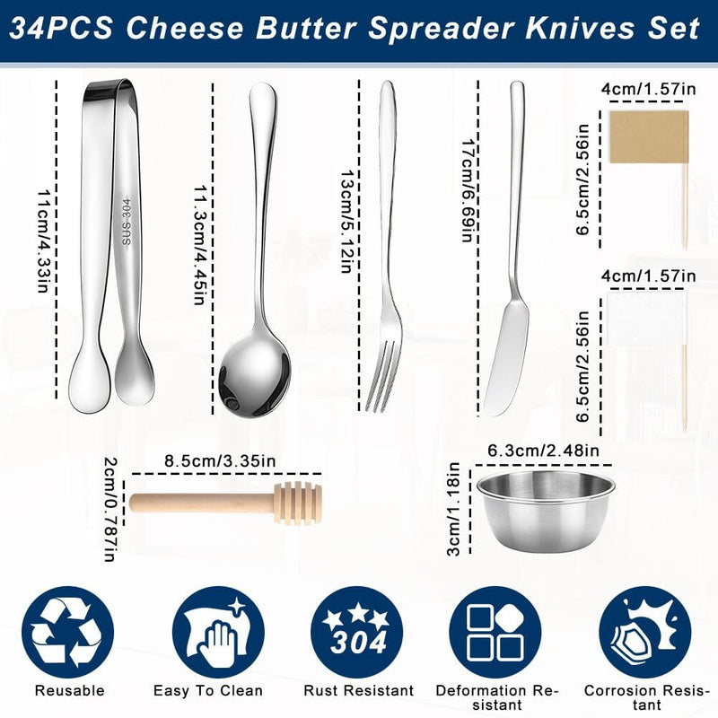34PCS Cheese Butter Spreader Knives Set，Abnaok Stainless Steel Charcuterie Board Accessories，Knife, Fork, Spoon, Tongs, Bowl, Toothpick Flags，Charcuterie Boards Gift Set for Pastry Making，Food Grade