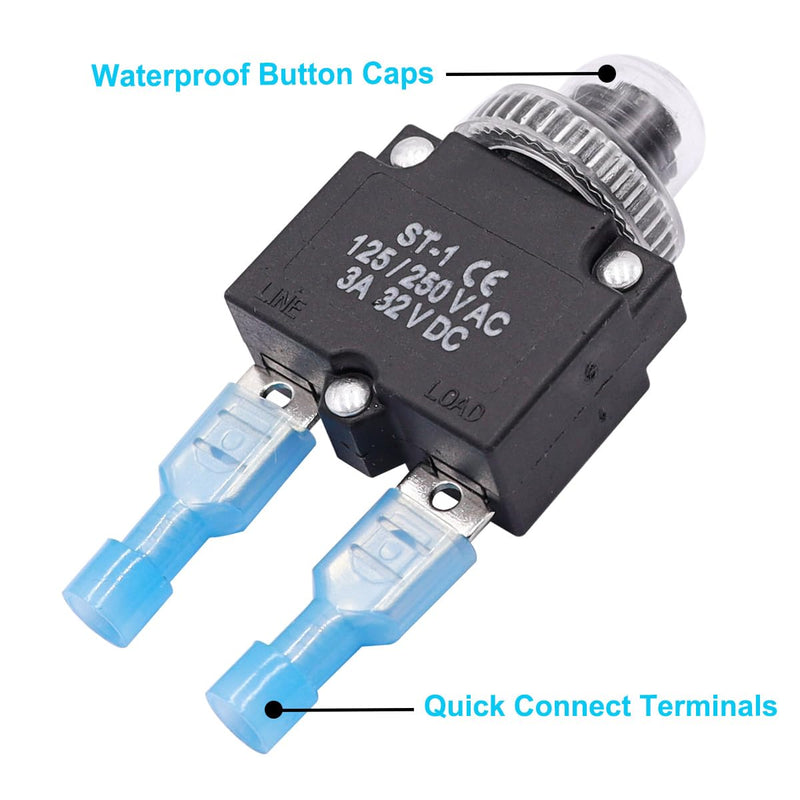 mxuteuk 5Pcs 3,5,10,15,20Amp Circuit Breakers Push Button Manual Reset 125/250V AC 32V DC,Overload Protector Switch Thermal Circuit Breakers with Quick Connect Terminals and Waterproof Button Caps 3A5A10A15A20A KIT
