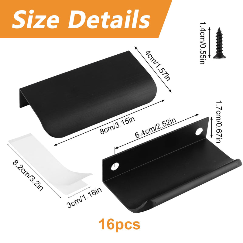 MOROBOR 16 Pack Finger Edge Pull, Self-Stick Instant Cabinet Drawer Pulls Concealed Drawer Pulls Modern Style Drawer Handle for Cabinet Hardware Drawer Wardrobe, 80mm/Black Black-16PCS