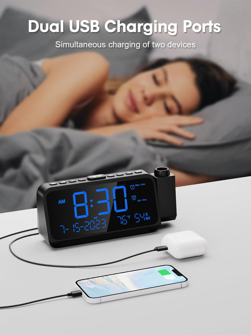ROCAM Projection Alarm Clock for Bedroom Ceiling, Digital Clock with 180° Projector with 5-Level Dimmer, Dual Loud Alarm with Weekend/Weekday Mode, Date, Temp, Humidity, Night Light, DST, Snooze Blue