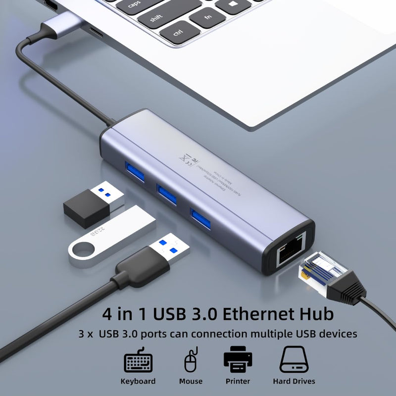 IVSHOWCO USB to Ethernet Adapter, 4 in 1 USB 3.0 to Gigabit Ethernet LAN Laptop Network Adapter, USB 3.0 Hub Supports Windows, Linux, Apple MacBook OS, Nintendo Switch, Surface USB 3.0 HUB -Grey