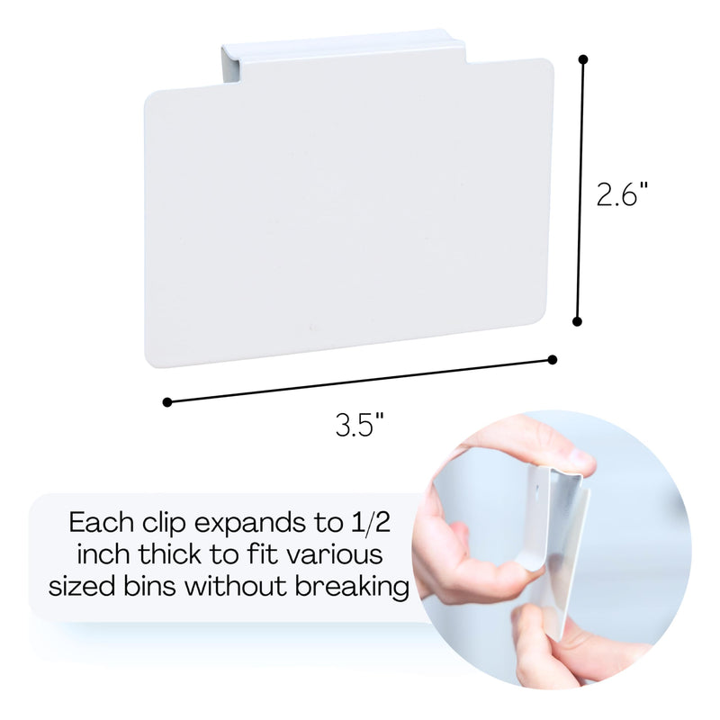 Hygge & Sage: Metal Non-Slip Basket Labels Clip On for Storage Bins, or Wire Racks | Includes 8 Labels, 8 Non-Slip Pads, and 1 Free Marker (White) White