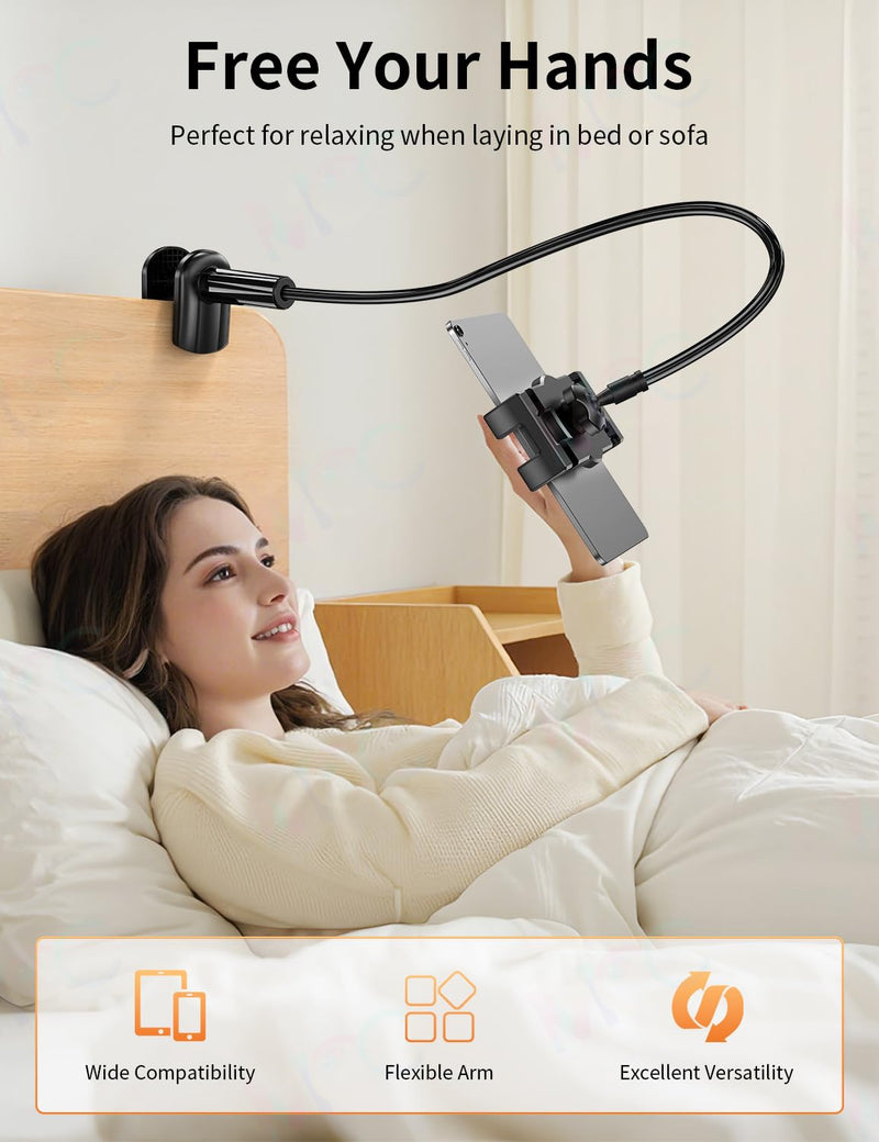 Gooseneck Tablet Holder for Bed, Adjustable ipad Stand with Long Arm | 360° Adjustable, Hands Free Tablet Mount Clip, Compatible with iPad/Mini/Galaxy Tabs/Kindle/Switch or More 4.7-12.9" Devices