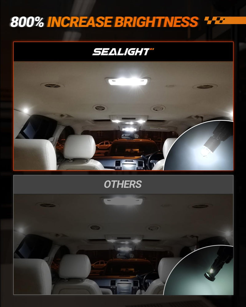SEALIGHT 194 LED Bulb 6000K White, License Plate Light, Dome Light, T10 168 2825 W5W 3030 Bright Chips Wedge for Replacement Light Bulb, Map Trunk Door Courtesy Dash LED Light Bulb,Pack of 10 T10/194
