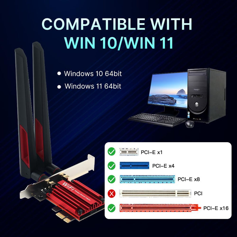 WiFi 6E AX210 PCIE WiFi Card with BT 5.3,AX5400 Tri-Band Network Cards Wireless Card for PC,Supports OFDMA & MU-MIMO, Ultra-Low Latency, WPA3, Low-Profile Bracket, Win10/11 (PCIE-AX210) Antenna 10Dbi
