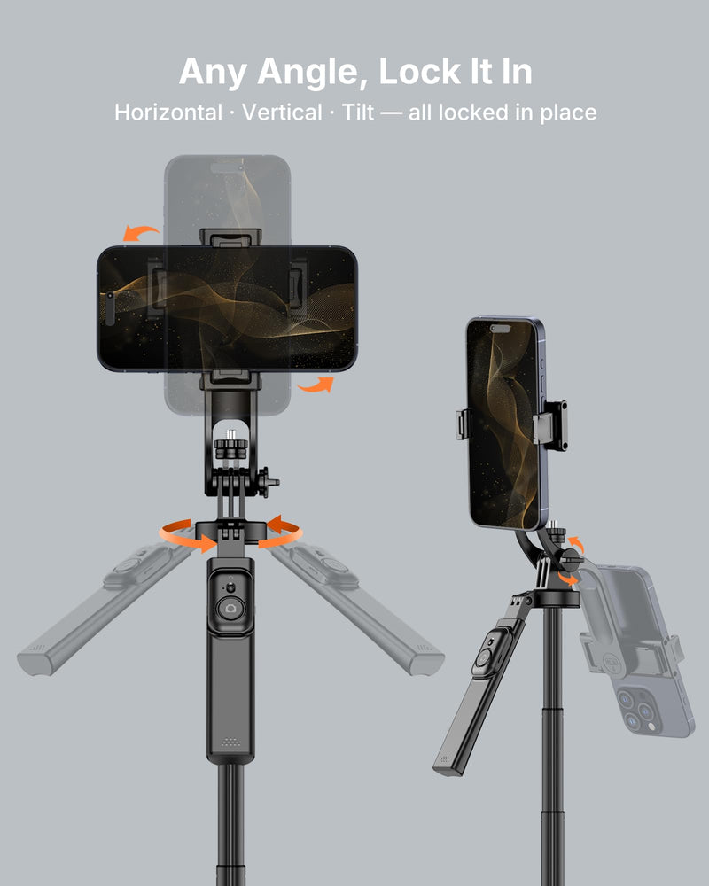 4-Leg Phone Tripod, 71-inch Selfie Stick for iPhone & Android | Anti-Slip Quadrapod Base, Snap-Release Phone Holder, Aluminum Alloy Pole for Durability, Secondary Handle Grip for Stability