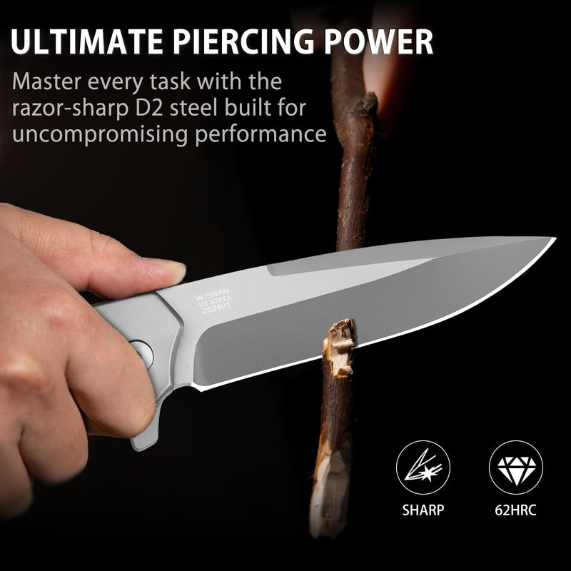 NedFoss Swan Pocket Knife for Men, 3.6" D2 Steel Hunting Knife, G10 Handle | 4.2oz, Liner Lock, Brass Bearing Pivot, Flipper, Large Folding Knife with Clip,Sharp Camping Survival Knives for Mens Gift Titanium