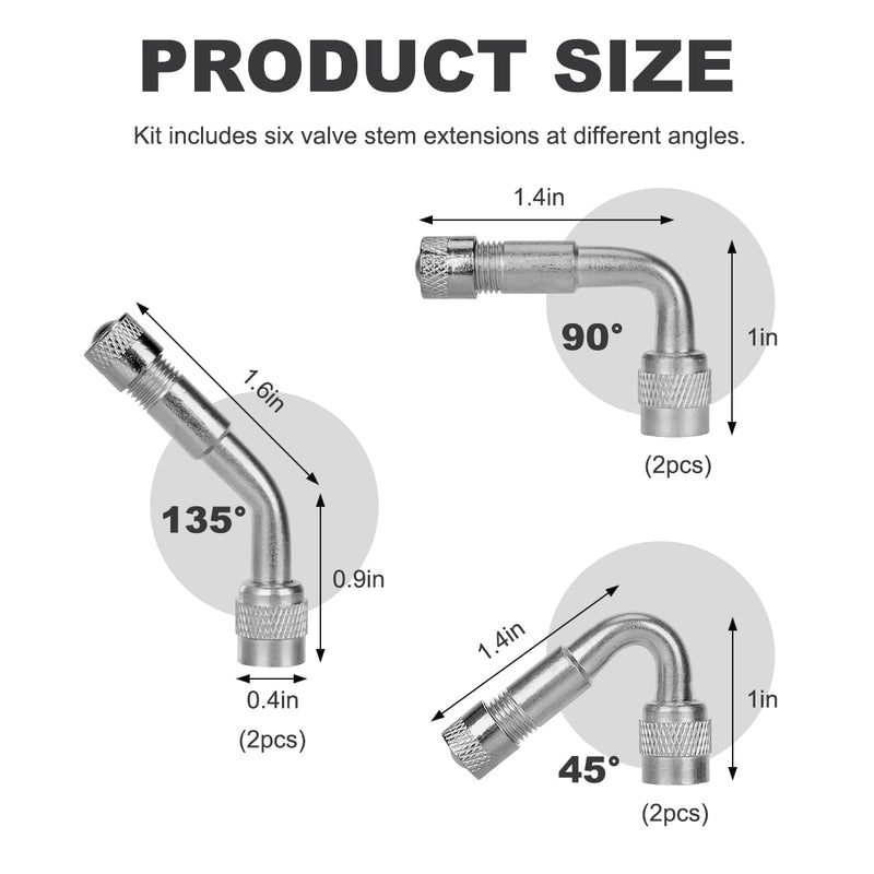 6 PCS Valve Stem Extenders, 45 90 135 Degree Angled Automotive Tire Valve Extension Adaptor, Universal Valve Stem Extension for Car Motorcycle Scooter, Car Accessories (Silver) Silver